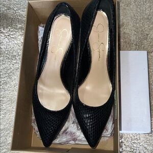 Jessica Simpson Black Snake-Embossed Pointed-Toe Heels